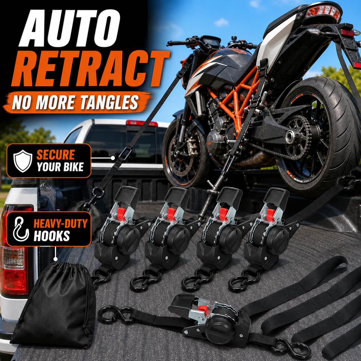 🔥😍⏰Limited Stock 60% OFF 🚜 Dual-End Retractable Tie-Down Ratcheting Straps, Large Locking S Hooks for Motorcycle, ATV, Truck